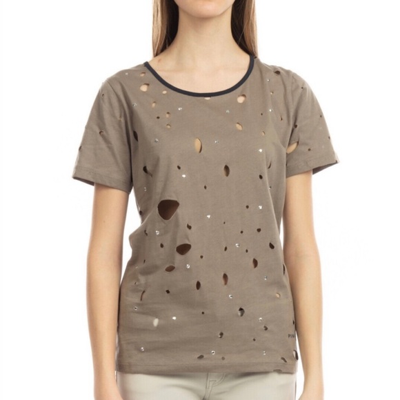 NEW PINKO BEIGE DISTRESSED SHORT SLEEVE T-SHIRT - Picture 1 of 7
